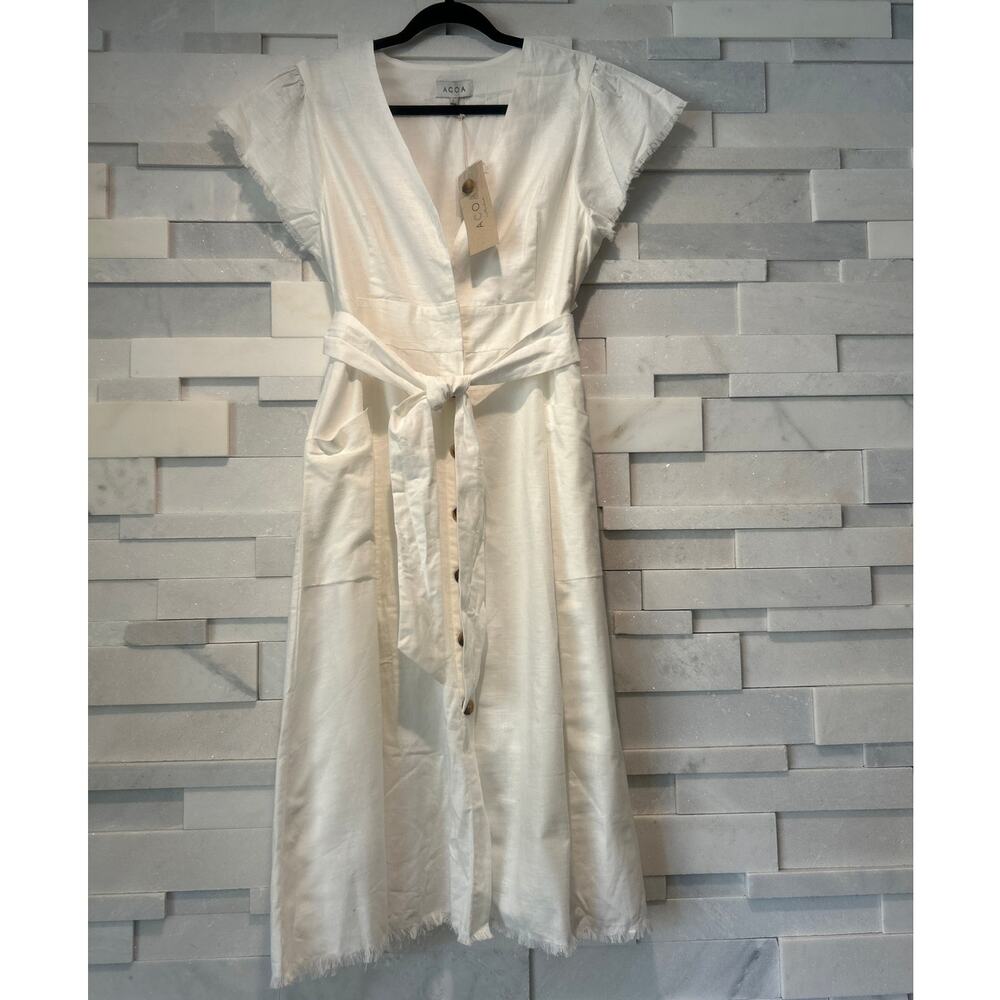 ACOA NWT Linen/Cotton Plunge-neck Button Front Raw Hem Short Sleeve Midi Dress L